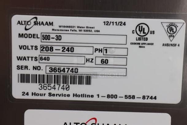 New Alto-Shaam 500-3D 3 Drawer Warmer, 208-240V, 640 Watts, 2.7 Amps, minor scratches and dents. Serial No. 3654740.