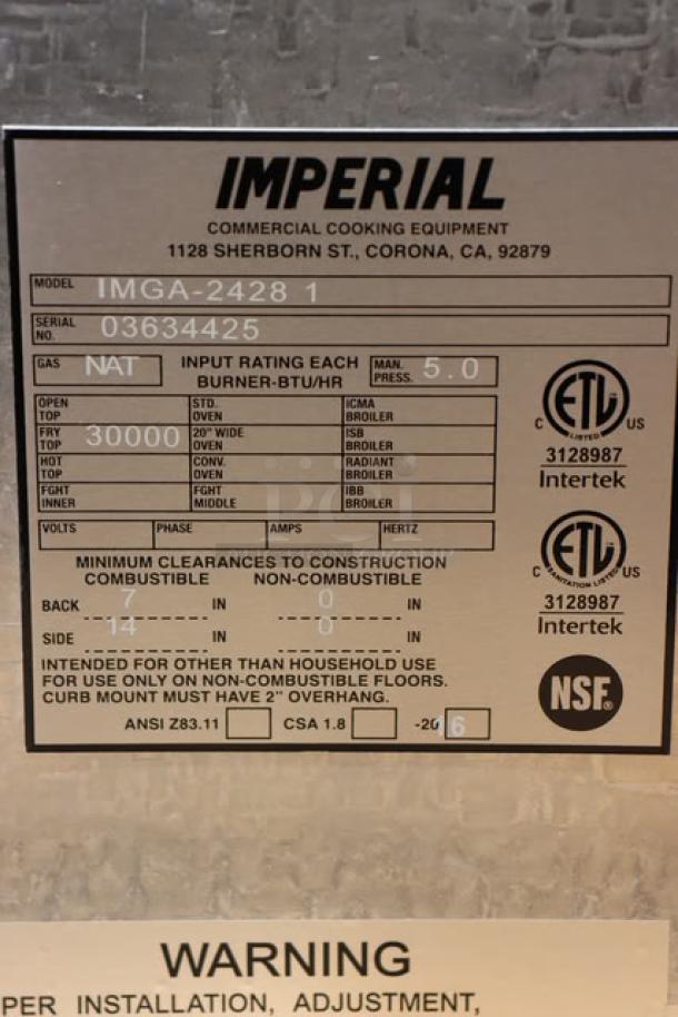 Imperial Range griddle label detailing model IMGA-2428-1, serial 03634425, 60,000 BTU, missing knobs, ETL and NSF certified.