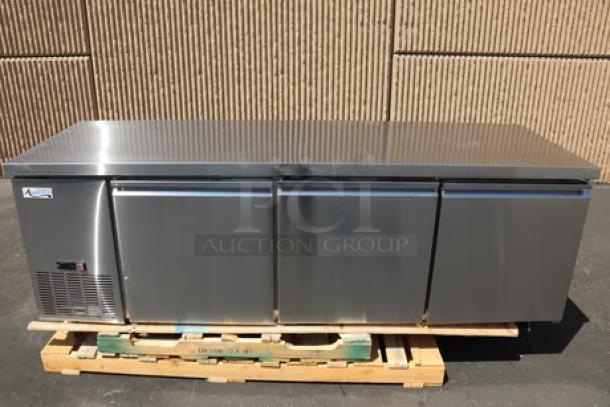 Avantco SS-UD-3R 93" stainless steel undercounter refrigerator, new, has scratch and denting, bent caster, 115V, 524W.