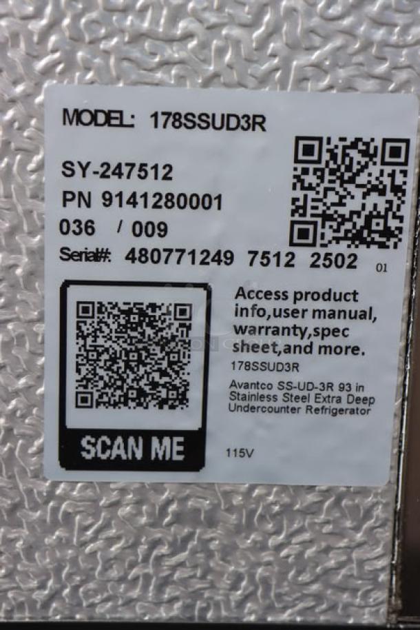 Avantco SS-UD-3R 93" stainless steel undercounter refrigerator label, model and serial numbers visible.