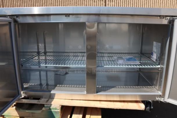 Avantco SS-UD-3R stainless steel undercounter refrigerator, 93", extra deep, new, never used, with scratches, denting, and one bent caster.
