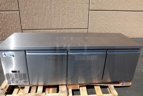 Avantco SS-UD-3R stainless steel undercounter refrigerator, new, 93", dent on right corner, model label visible.