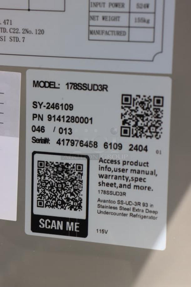 Label of Avantco SS-UD-3R undercounter refrigerator. Shows model, serial number, scan codes, and voltage details.