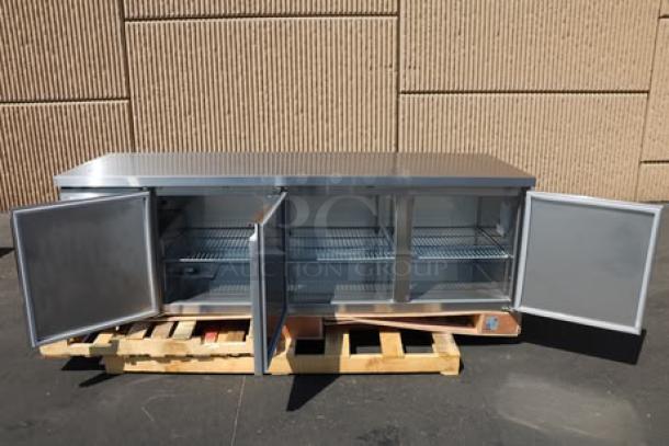 NEW Avantco SS-UD-3R 93" stainless steel undercounter refrigerator, dented on right corner, model SS-UD-3R, S/N: 417976458.