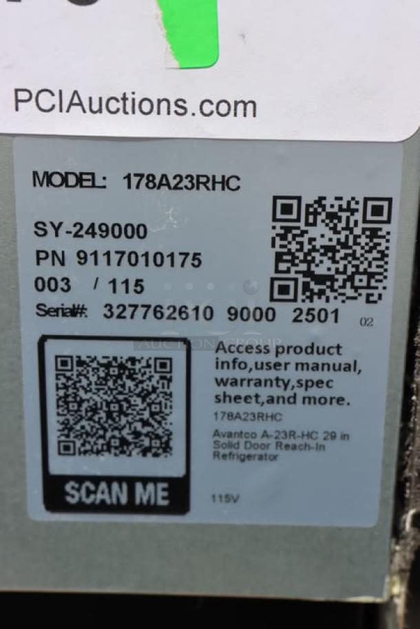 Alt text: Model and serial number label for Avantco A-23R-HC 29" Solid Door Reach-In Refrigerator. Includes QR codes, voltage, and specs.