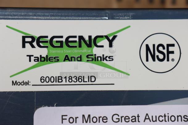 Regency 600IB1836LID stainless steel sliding lid for 18" x 36" ice bin, new, minor dents possible, NSF certified.