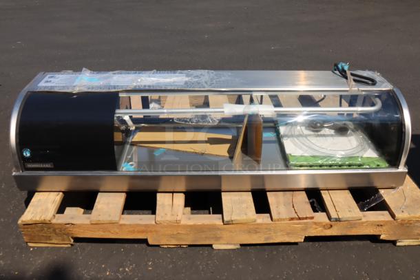 Hoshizaki curved glass sushi display case, 47", new, with a left side compressor, 115V, minor dent on back air grate.