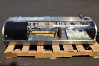 Hoshizaki curved glass sushi display case, 47", new, with a left side compressor, 115V, minor dent on back air grate.