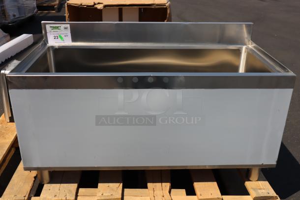 Regency 18"x36" stainless steel underbar ice bin with galvanized legs, minor scratches and dents, missing sliding lid.