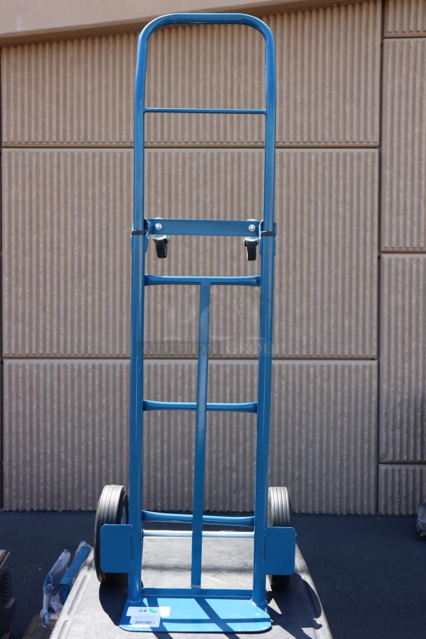 Lavex HDTH21BL blue 2-in-1 convertible hand truck, 500 lb capacity, 10" solid rubber wheels, minor paint chips.