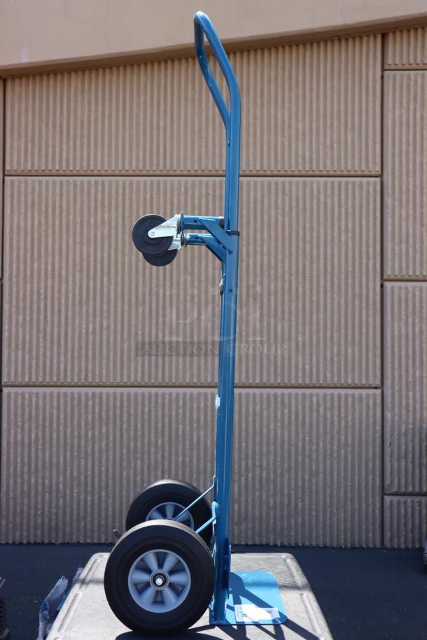 NEW Lavex HDTH21BL 500 lb. 2-in-1 Convertible Hand Truck, blue, 10" solid rubber wheels, small chipped paint areas.
