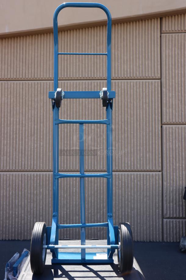 Lavex HDTH21BL 500 lb. blue 2-in-1 hand truck with 10" rubber wheels, new with minor paint chips.
