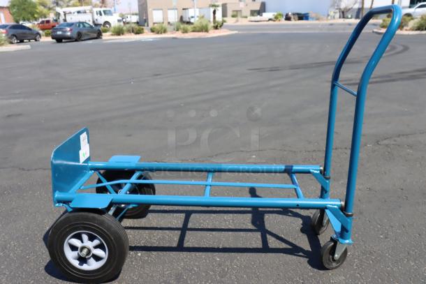 Lavex HDTH21BL 500 lb. blue 2-in-1 convertible hand truck, 10" rubber wheels, new with minor paint chips, label on base.