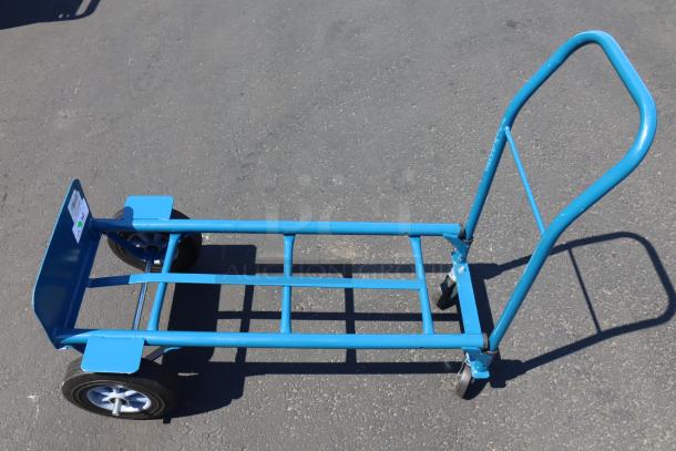 NEW Lavex HDTH21BL 2-in-1 Hand Truck, 500 lb. capacity, blue, 10" solid rubber wheels, chipped paint, no box.