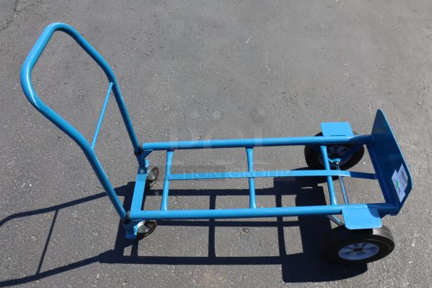 Lavex HDTH21BL 2-in-1 blue hand truck with 10" solid rubber wheels, 500 lb. capacity, minor paint chipping, out of packaging.