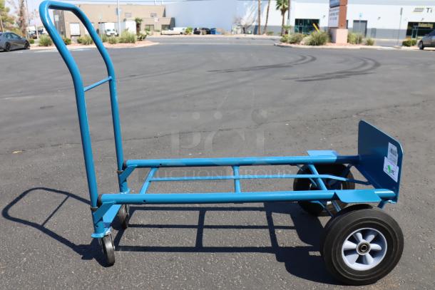 Lavex HDTH21BL blue 2-in-1 convertible hand truck, 500 lb capacity, with 10" solid rubber wheels. New, minor chipped paint.
