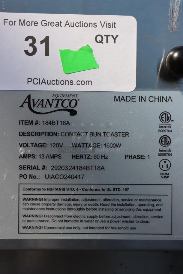 Avantco BT18A Vertical Contact Conveyor Bun Toaster, 120V, 1600W, scratched and dented, S/N: 2920324184BT18A, tags visible.