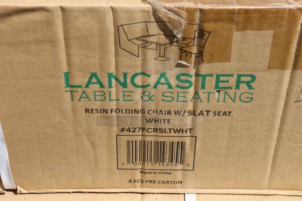 Lancaster Table & Seating white resin folding chair box with model #427FCRSLTWHT visible, box torn and chairs exposed.