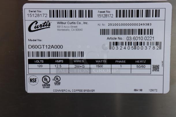Curtis D60GT12A000 coffee brewer tag, new, never used, 120V, 12.5A, 1500W, serial 15128172. Bottom bent upward.