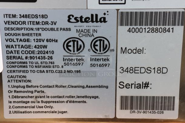 Estella EDS18D dough sheeter label showing model, voltage, and certifications. Serial number 901435-26 visible.
