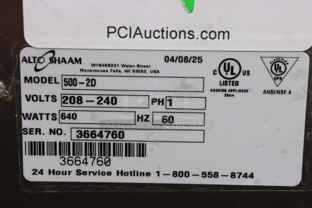 Alto-Shaam 500-2D drawer warmer label, Model: 500-2D, Volts: 208-240, Serial No: 3664760, UL listed. Scratched and dented.