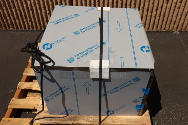 Brand new Alto-Shaam 500-2D drawer warmer, scratched, dented, still in protective covering, placed on a pallet.