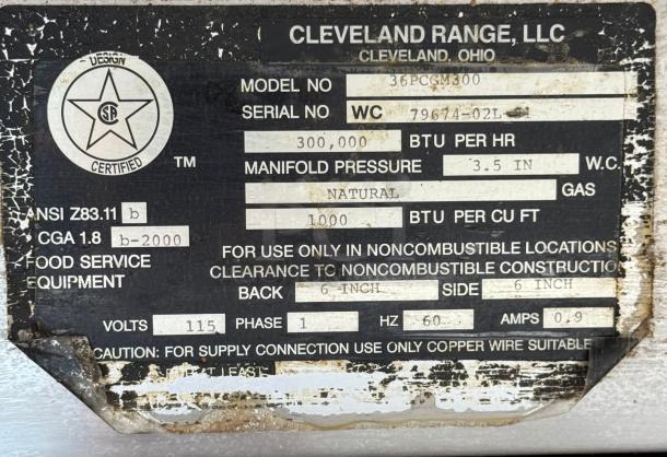 Label of Cleveland Range 36PCGM300 ConvectionPro gas steamer, showing model, serial number, and operational specs.