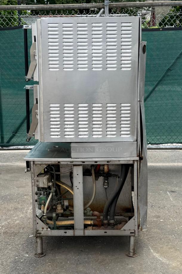 Vulcan 36" standard oven with 6 burners, 28000 BTU, stainless steel, visible wear, side view showing vents and pipes.