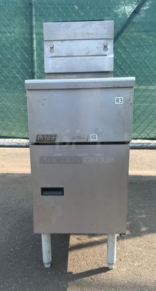 Pitco® Natural Gas Floor Deep Fryer, 40-50 lb capacity, 122,000 BTU, stainless steel, model label visible, used condition.