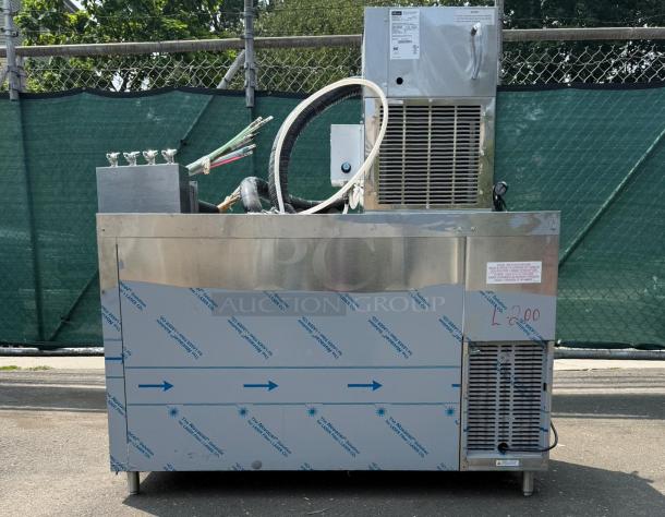 Perlick 4404 60" stainless steel direct draw beer dispenser, holds 5 1/4 kegs, tags with model info visible, used condition.