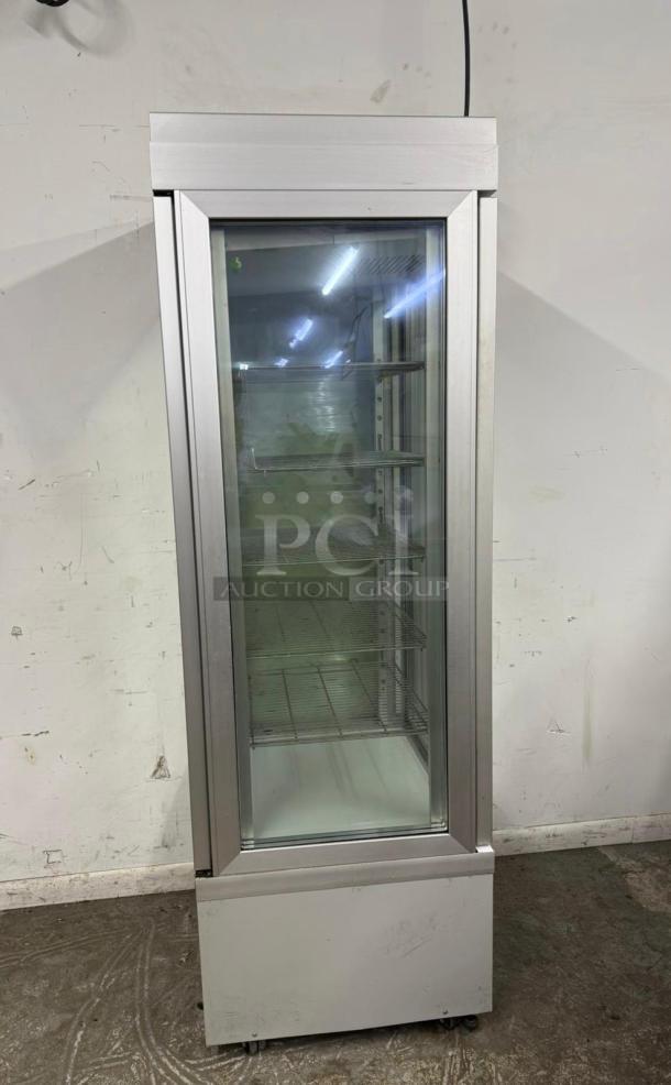 TEKNA 4400NFN 4-sided glass refrigerated display case, stainless steel, tested and working, adjustable shelves, on casters.