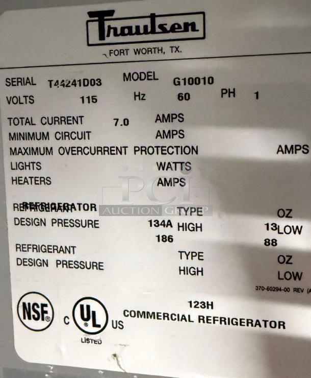 Traulsen G10010 30" G Series refrigerator label, showing serial T44241D03, 115V, 7.0 amps, NSF and UL listed.