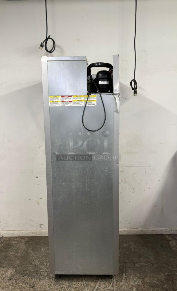 Beverage-Air HFPS1HC-1HS freezer, Horizon Series, 2 solid half-doors, tested, stainless steel, visible labels, good condition.