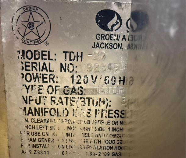 Label on Groen TDH/20 Gas Steam Jacketed Tilting Kettle, model TDH-20, power 120V/60Hz, certified design.