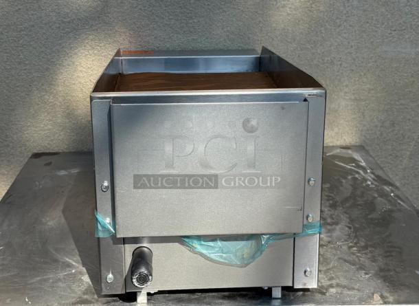 BRAND NEW Dukers DCGM12 gas steel countertop griddle, pristine condition, stainless steel, visible front controls.