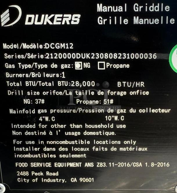 BRAND NEW DUKERS Gas Steel Griddle DCGM12, 28,000 BTU, single burner, natural gas, for commercial use, model info visible.