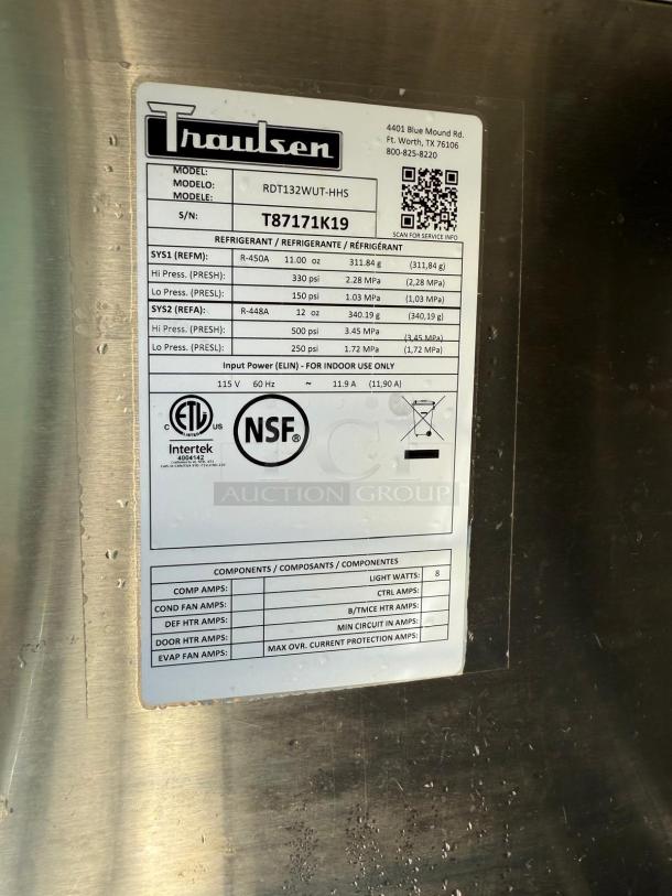 Traulsen RDT132WUT-HHS label with specs; dual temp fridge-freezer, 29-inch, model details, ETL and NSF certified.