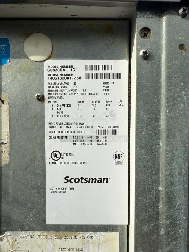 Scotsman MC0530SA-1 Prodigy Elite Ice Machine with label; model, serial number, and specs visible.