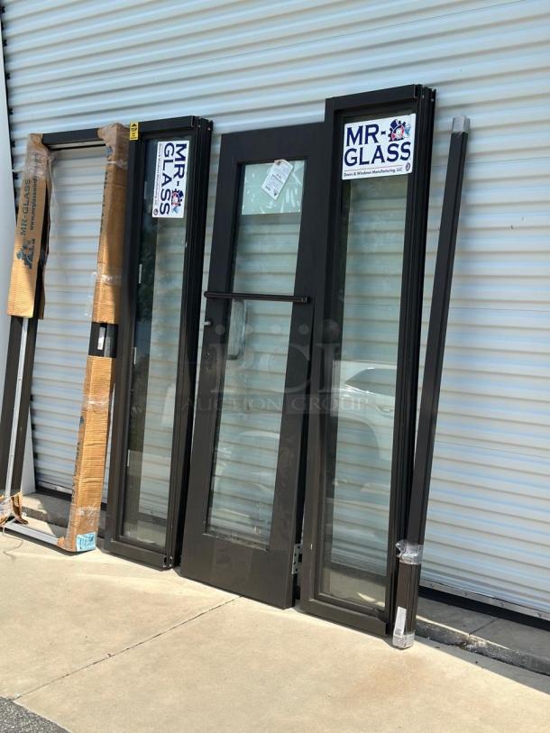 Mr. Glass doors and windows set, various sizes, black frames, new condition, branded and labeled, dimensions 28x5x76.5, 16.5x5x76, 24x2.5x74, 16.5x5x76.