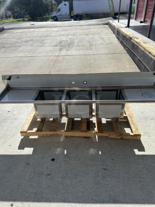 Brand new Regency 124" 16 gauge stainless steel commercial sink, three compartments, 2 drainboards, model 60031717224.