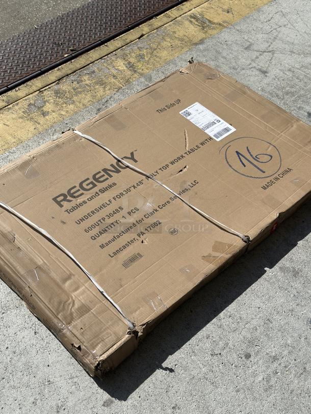 Regency 18 Gauge Stainless Steel Adjustable Shelf, Model 600UTP3048S, for 30" x 48" work tables, new in scratched box.