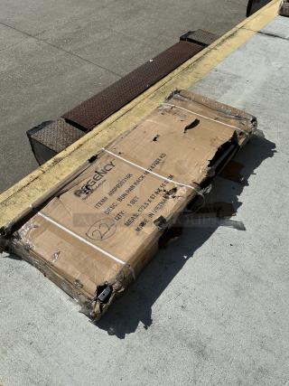 Regency 20 Pan End Load Stainless Steel Rack, unassembled, in distressed packaging, model 600PR20316K, made in Vietnam.