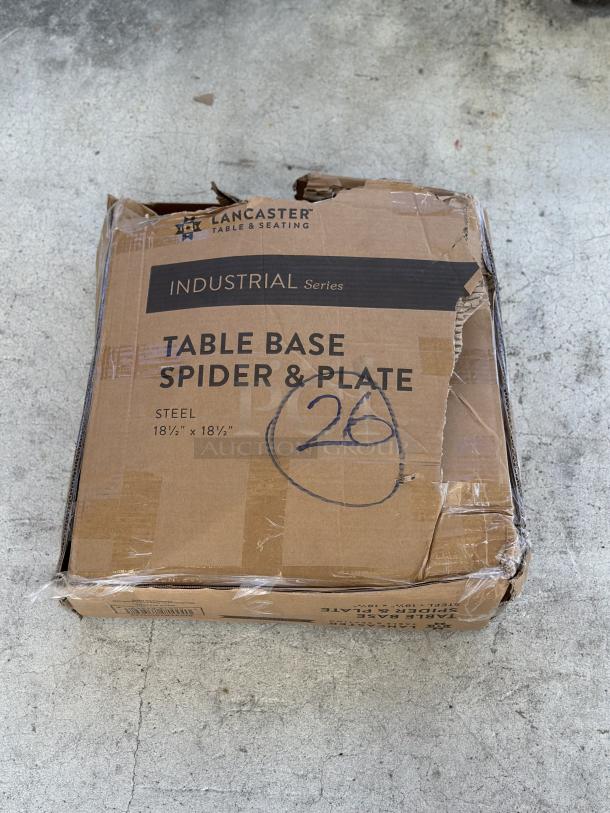 Lancaster Table & Seating table base spider & plate in original packaging, 18 1/2" x 18 1/2", brand new with visible box wear.