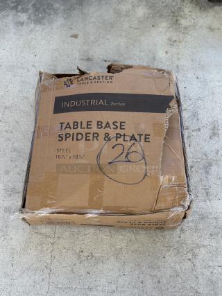 Lancaster Table & Seating table base spider & plate in original packaging, 18 1/2" x 18 1/2", brand new with visible box wear.