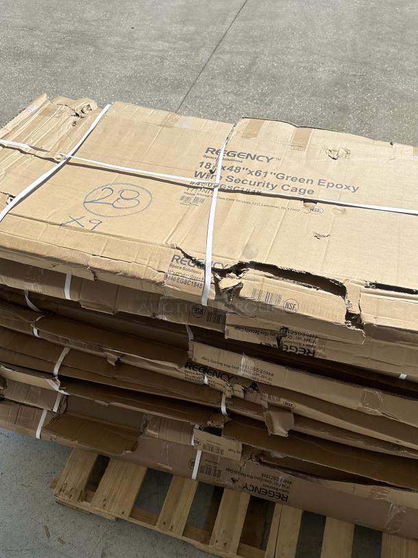 Regency NSF Green Wire Security Cage, 18" x 48" x 61", model 460EGSC1848, new with scratches and dents, boxed on pallet.