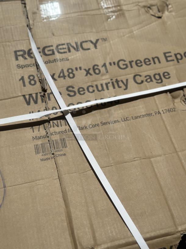 Regency NSF Green Wire Security Cage, model 460EGSC1848, in original packaging, size 18" x 48" x 61", with visible scratches and dents.