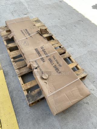 Brand new Regency 18"x84" 18-gauge stainless steel wall shelf, model 600WS1884, in scratch and dent condition, packaged on a pallet.