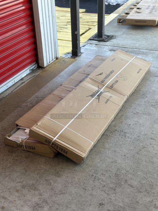 Regency 16-Gauge Type 304 Stainless Steel Pass-Through Shelf, model 600PTS1884, in original packaging; some box damage.