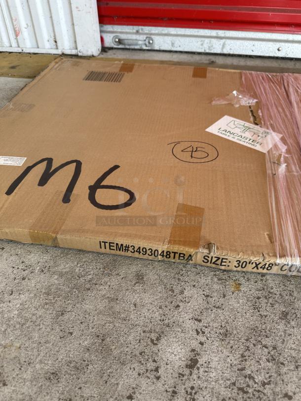Brand new, scratch and dent Lancaster Table & Seating 30"x48" reversible white birch/ash laminated table top, item #3493048TBA.