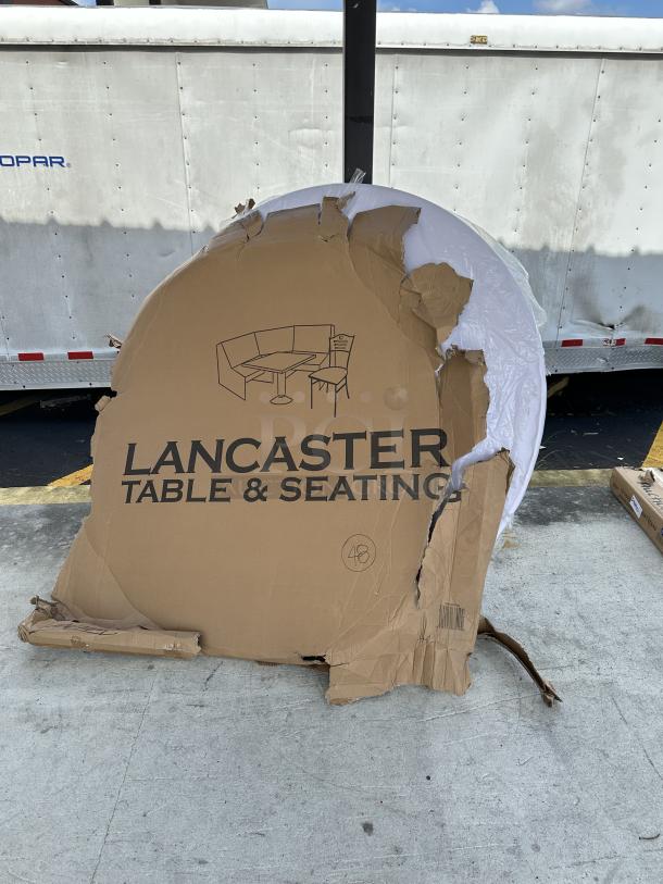 Brand new Lancaster Table & Seating 60" round folding table, model 384YCZ60RND, white plastic, in damaged packaging.